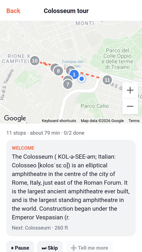 Guided tour screen with numbered stops on a map